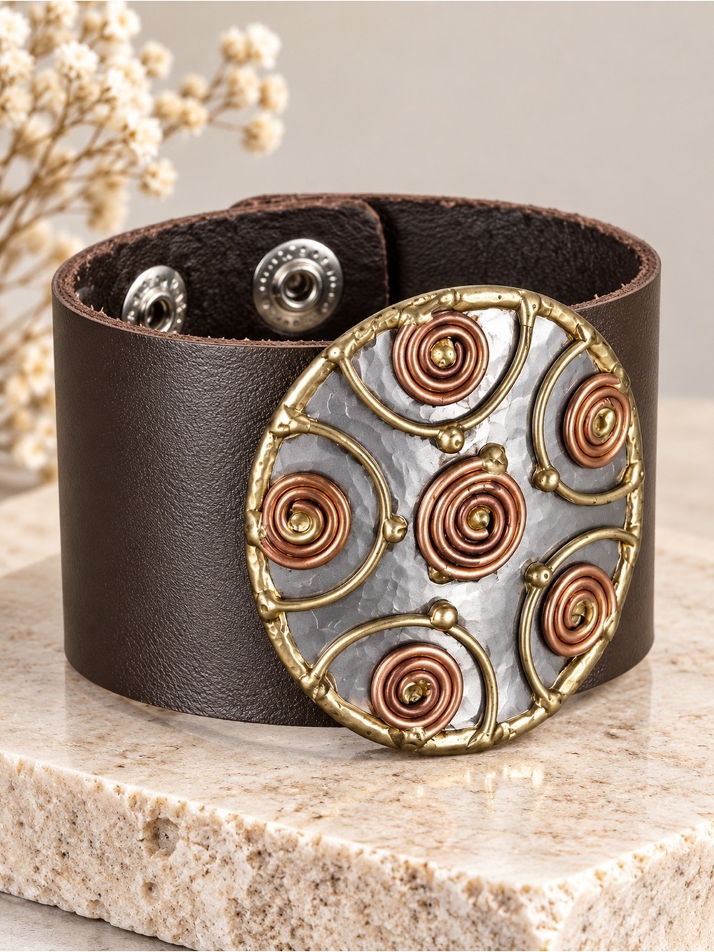 Handmade Genuine leather bracelet with Circle mixed metals